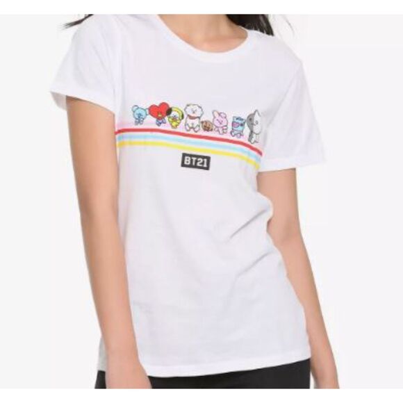 BTS BT21 Line Friends Stripes White T-Shirt Size Medium NWT - Picture 1 of 5